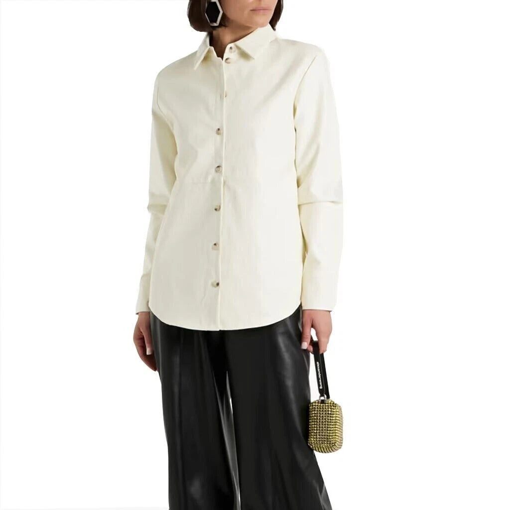 Cream Leather Fitted Original Shirt - Full-Grain Premium Leather Button-Up for Women