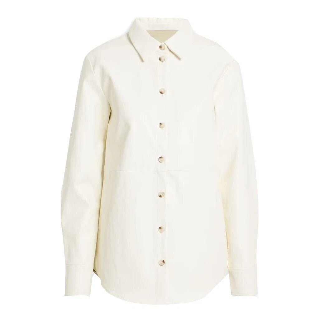 Cream Leather Fitted Original Shirt - Full-Grain Premium Leather Button-Up for Women