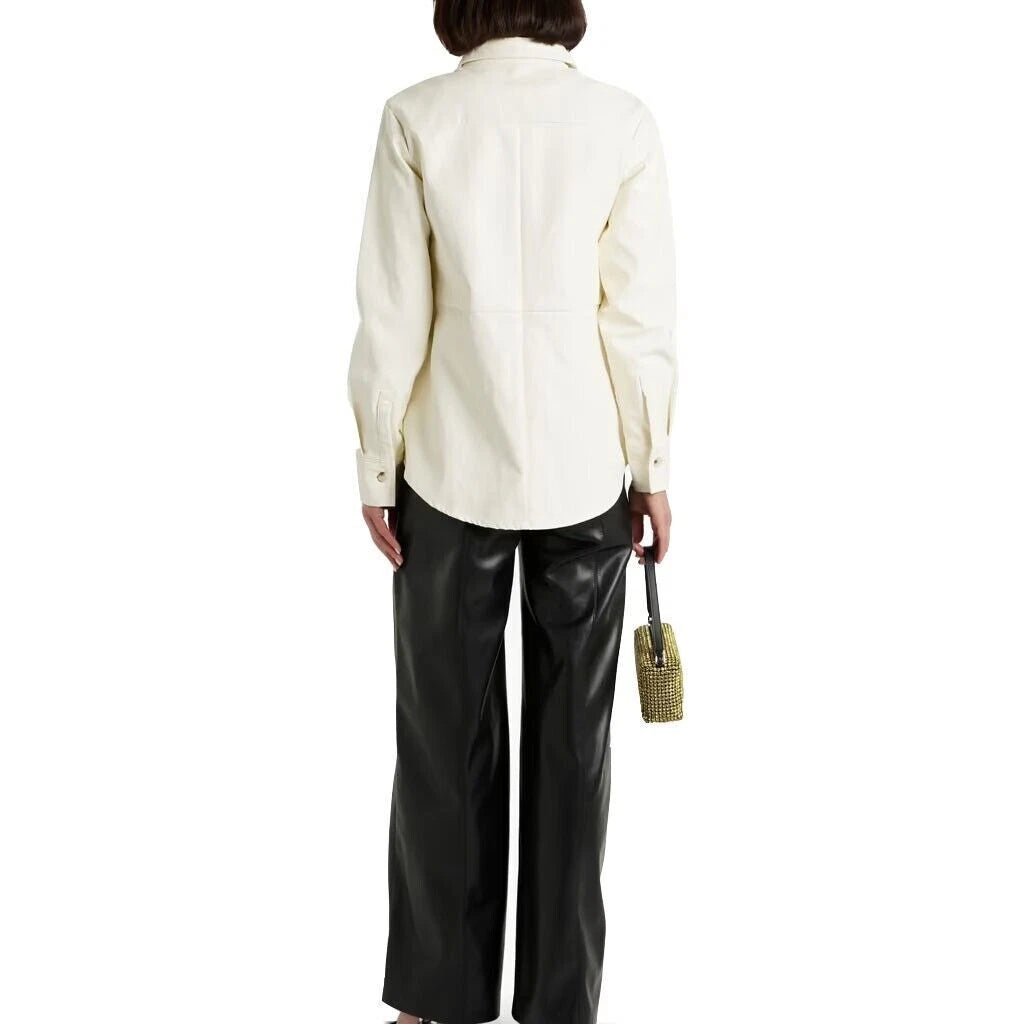 Cream Leather Fitted Original Shirt - Full-Grain Premium Leather Button-Up for Women