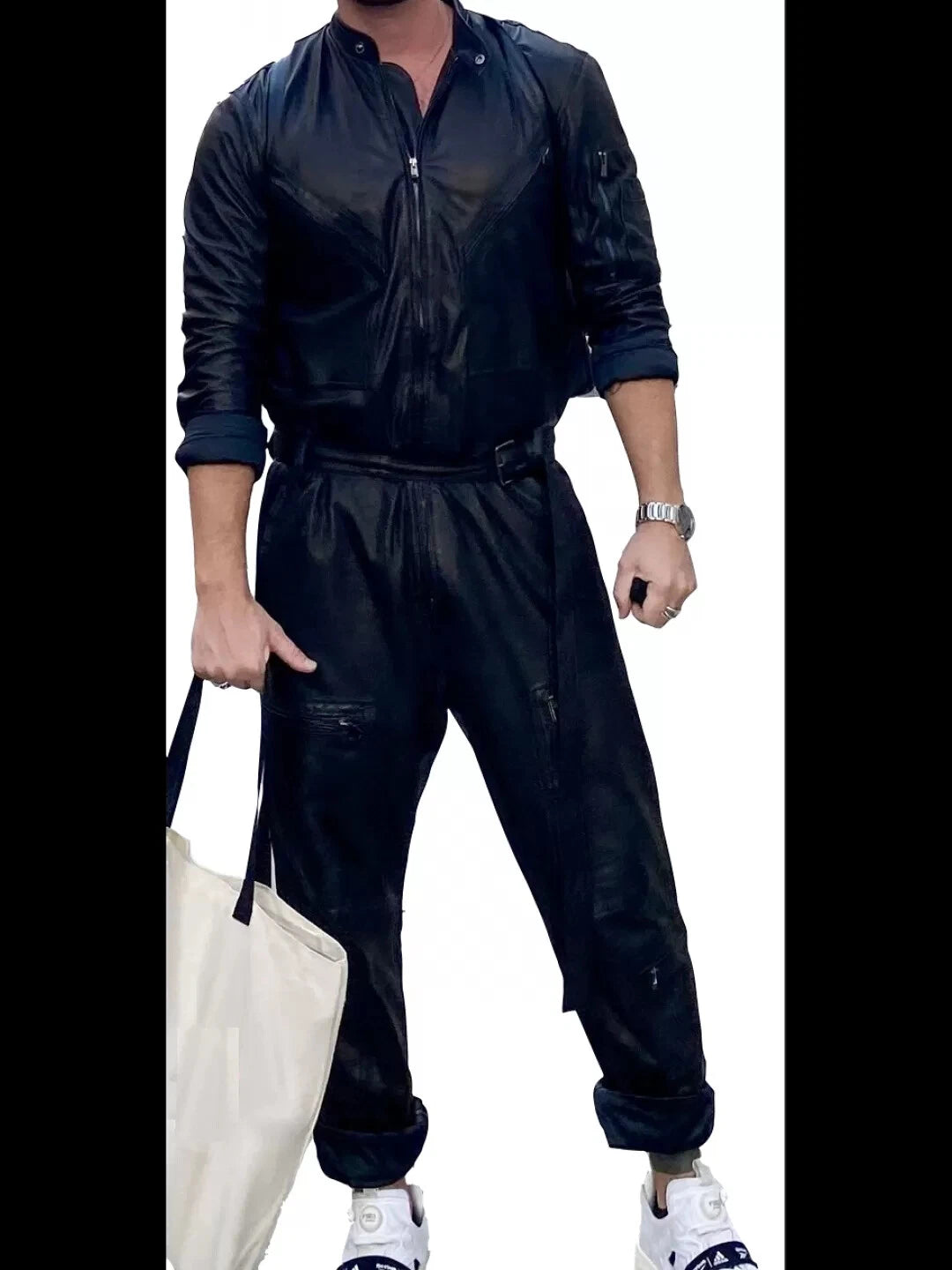 Men's Black Camo Full Grain Leather Jumpsuit - Handcrafted Utility Coverall