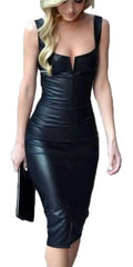 Black Leather Bodycon Original  Dress - Fitted Full-Grain Premium  Leather Midi Dress for Women
