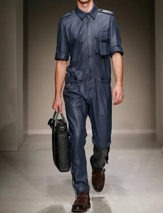 Men's Navy Blue Full Grain Original Leather Premium Jumpsuit - Handcrafted Utility Coverall
