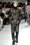Men's Black Full Grain Leather Moto Premium Jumpsuit - Handcrafted Belted Coverall