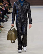 Premium Black Original Leather Jumpsuit - Full-Grain Belted Utility Jumpsuit