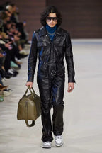 Premium Black Original Leather Jumpsuit - Full-Grain Belted Utility Jumpsuit