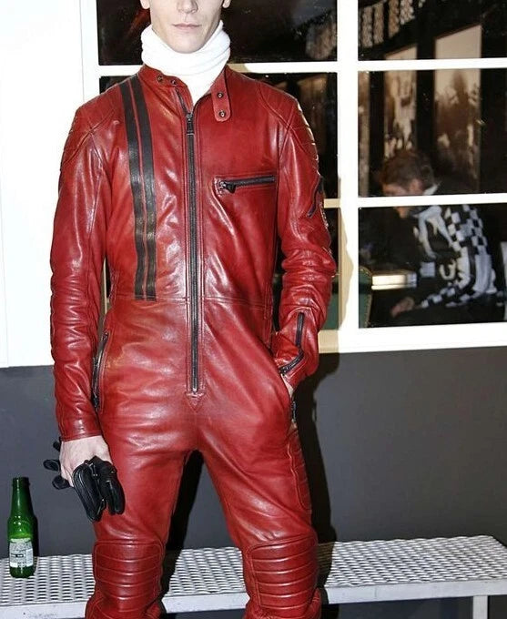 Premium Red Original Leather Jumpsuit - Full-Grain Moto Racing Jumpsuit