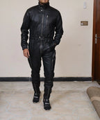 Premium Black Original Leather Tactical Jumpsuit - Full-Grain Cargo Utility Jumpsuit