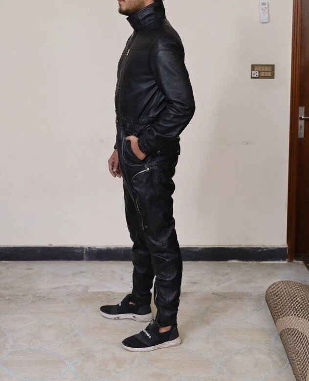 Premium Black Original Leather Tactical Jumpsuit - Full-Grain Cargo Utility Jumpsuit