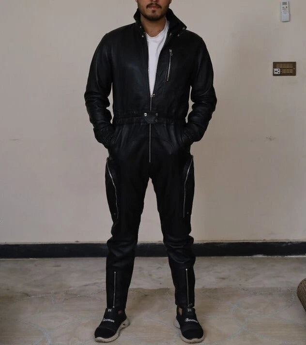 Premium Black Original Leather Tactical Jumpsuit - Full-Grain Cargo Utility Jumpsuit
