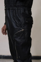 Premium Black Original Leather Tactical Jumpsuit - Full-Grain Cargo Utility Jumpsuit