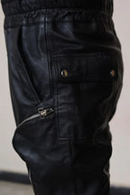 Premium Black Original Leather Tactical Jumpsuit - Full-Grain Cargo Utility Jumpsuit