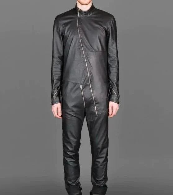 Premium Black Original Leather Minimalist Jumpsuit - Full-Grain Asymmetric Zipper Jumpsuit