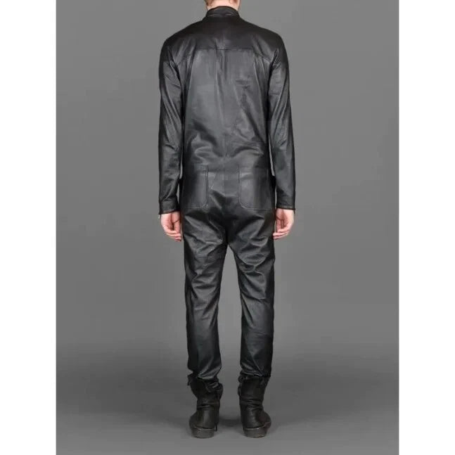 Premium Black Original Leather Minimalist Jumpsuit - Full-Grain Asymmetric Zipper Jumpsuit