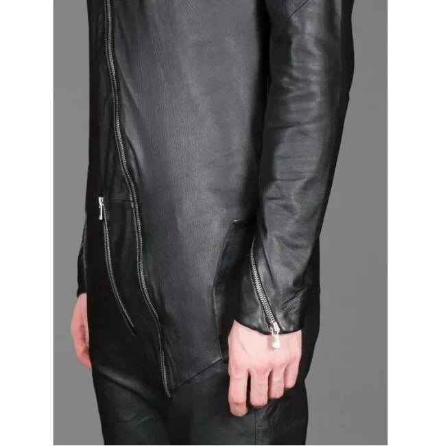 Premium Black Original Leather Minimalist Jumpsuit - Full-Grain Asymmetric Zipper Jumpsuit