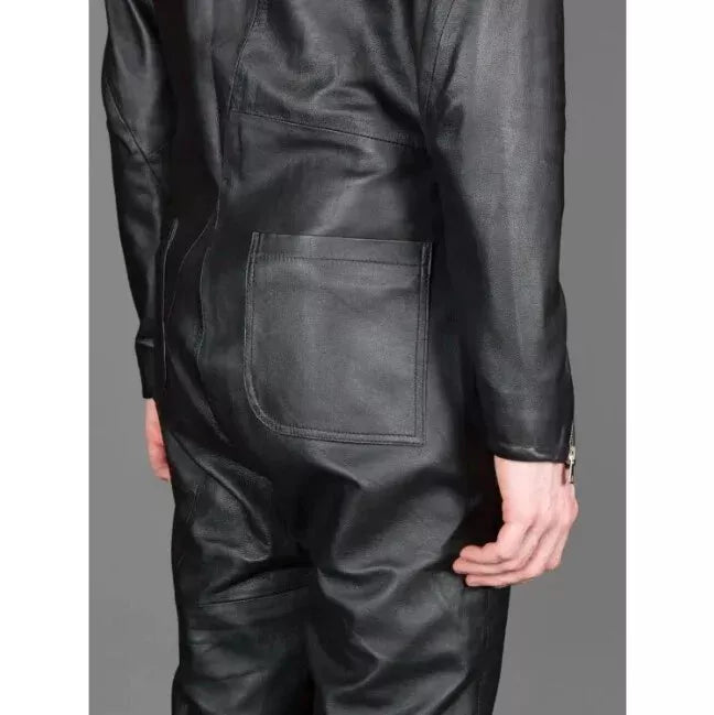 Premium Black Original Leather Minimalist Jumpsuit - Full-Grain Asymmetric Zipper Jumpsuit