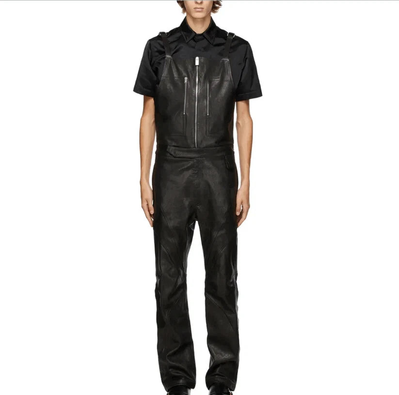 Premium Black Original Leather Tactical Short-Sleeve Jumpsuit - Full-Grain Utility Jumpsuit