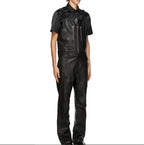 Premium Black Original Leather Tactical Short-Sleeve Jumpsuit - Full-Grain Utility Jumpsuit