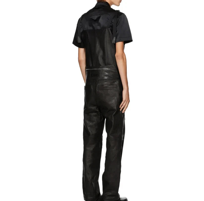 Premium Black Original Leather Tactical Short-Sleeve Jumpsuit - Full-Grain Utility Jumpsuit