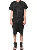 Premium Black Original Leather Drop-Crotch Romper - Full-Grain Avant-Garde Short Jumpsuit