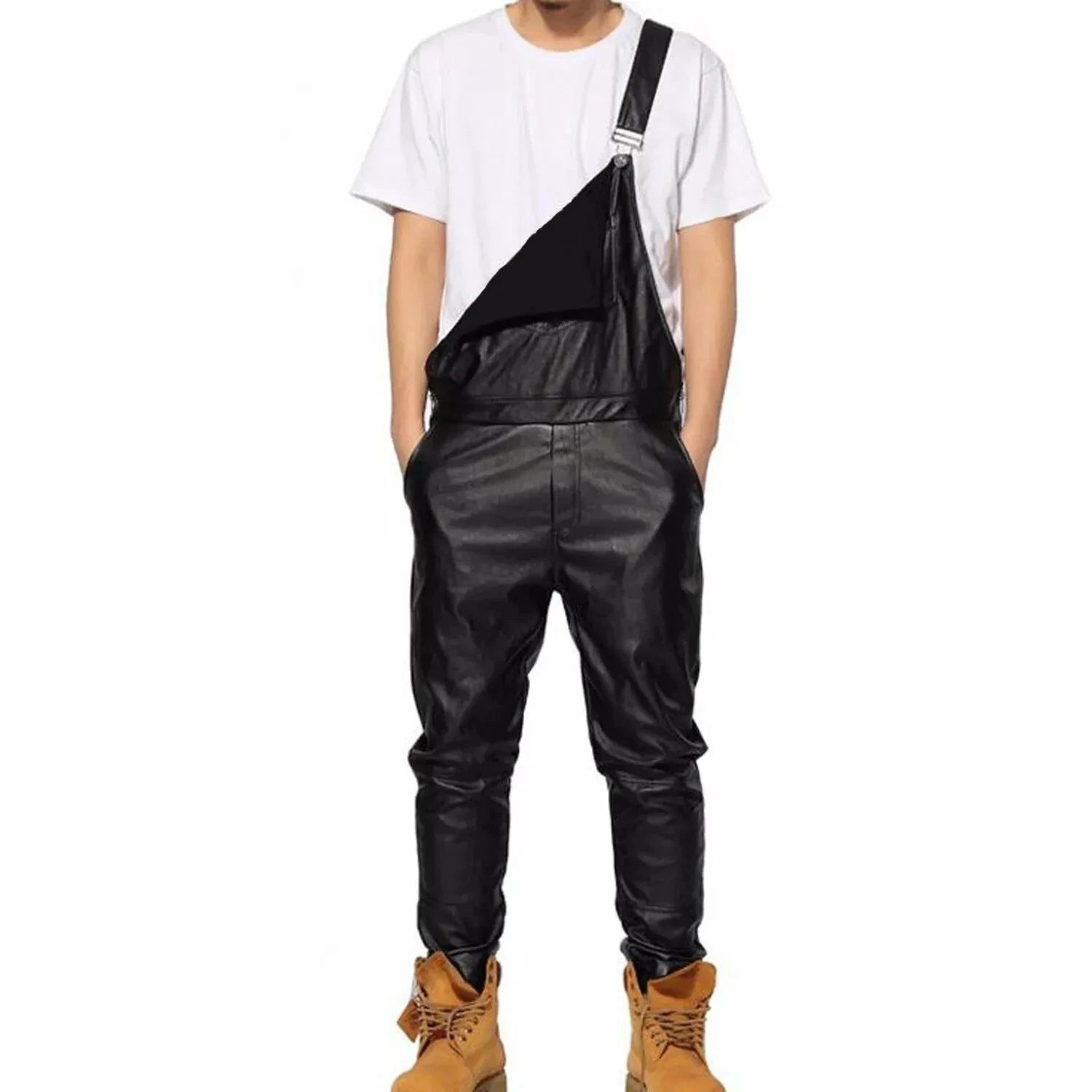 Premium Black Original Leather Overalls - Full-Grain Bib Overalls
