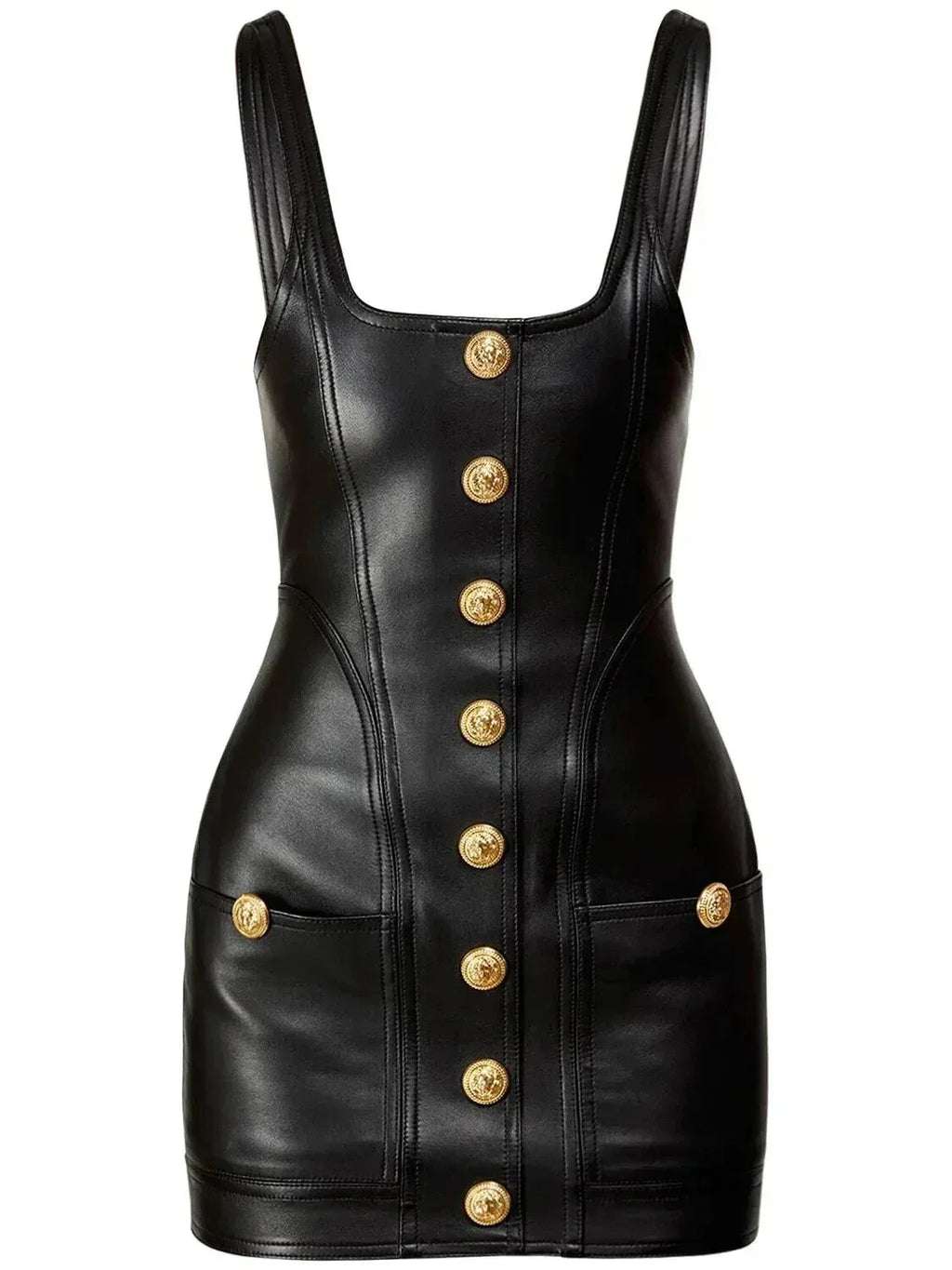 Button-Front Original Leather Dress - Handcrafted Black Premium Leather Mini Dress with Gold Hardware