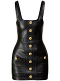 Button-Front Original Leather Dress - Handcrafted Black Premium Leather Mini Dress with Gold Hardware