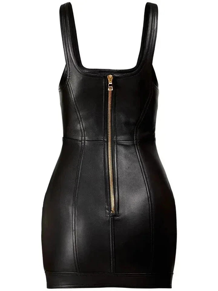 Button-Front Original Leather Dress - Handcrafted Black Premium Leather Mini Dress with Gold Hardware