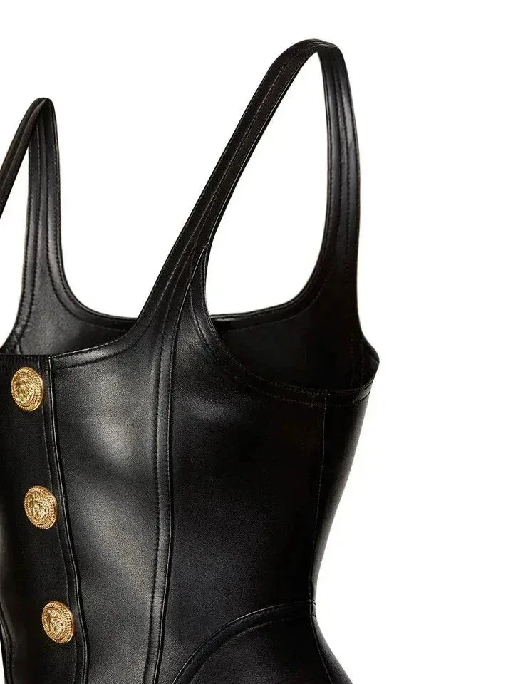 Button-Front Original Leather Dress - Handcrafted Black Premium Leather Mini Dress with Gold Hardware