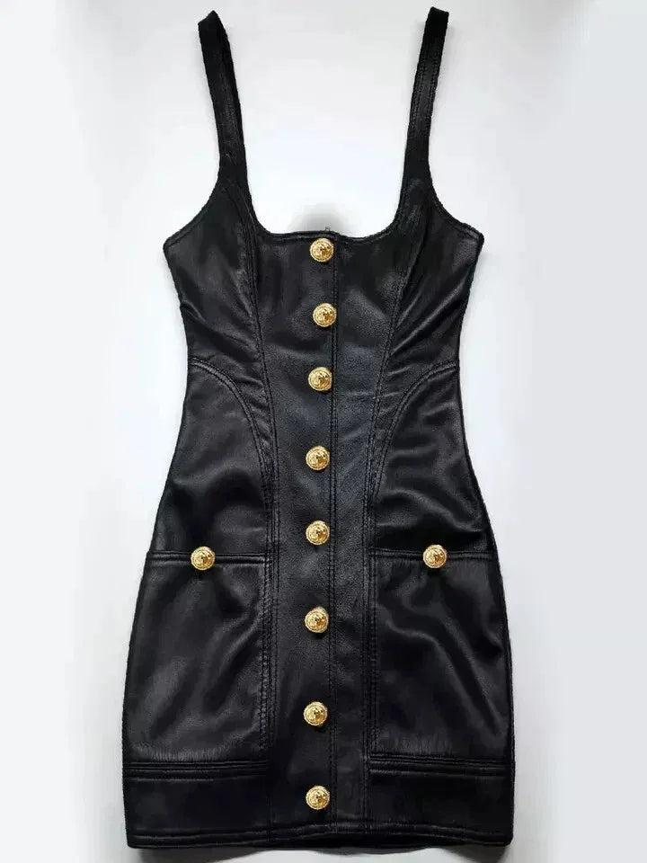 Button-Front Original Leather Dress - Handcrafted Black Premium Leather Mini Dress with Gold Hardware