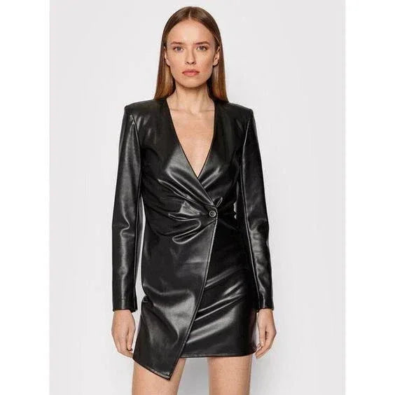 Blazer Premium Leather Dress - Handcrafted Black Original Leather Wrap Mini Dress with Asymmetric Hem