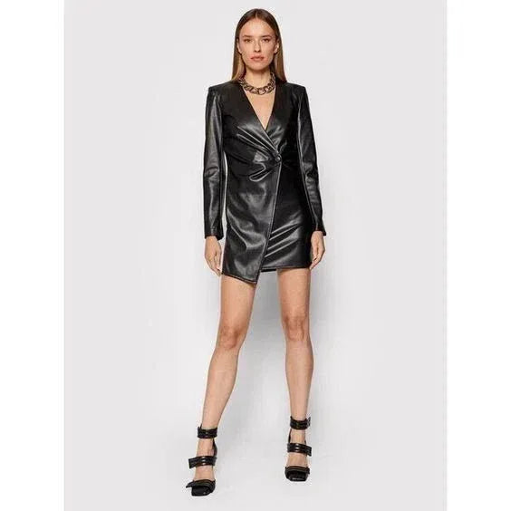 Blazer Premium Leather Dress - Handcrafted Black Original Leather Wrap Mini Dress with Asymmetric Hem