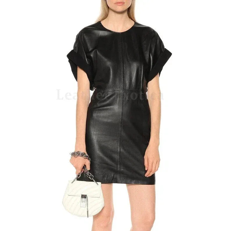 Puff-Sleeve Original Leather Dress - Handcrafted Black Premium Leather Mini Dress with Statement Sleeves