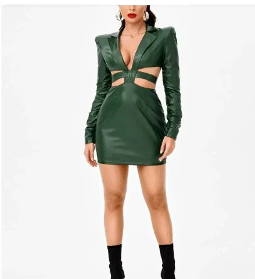 Cutout Blazer Leather Original  Dress - Handcrafted Emerald Green Premium Leather Mini Dress with Ruched Sleeves