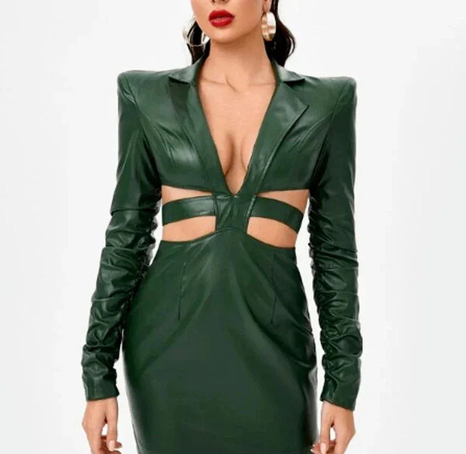 Cutout Blazer Leather Original  Dress - Handcrafted Emerald Green Premium Leather Mini Dress with Ruched Sleeves