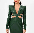 Cutout Blazer Leather Original  Dress - Handcrafted Emerald Green Premium Leather Mini Dress with Ruched Sleeves
