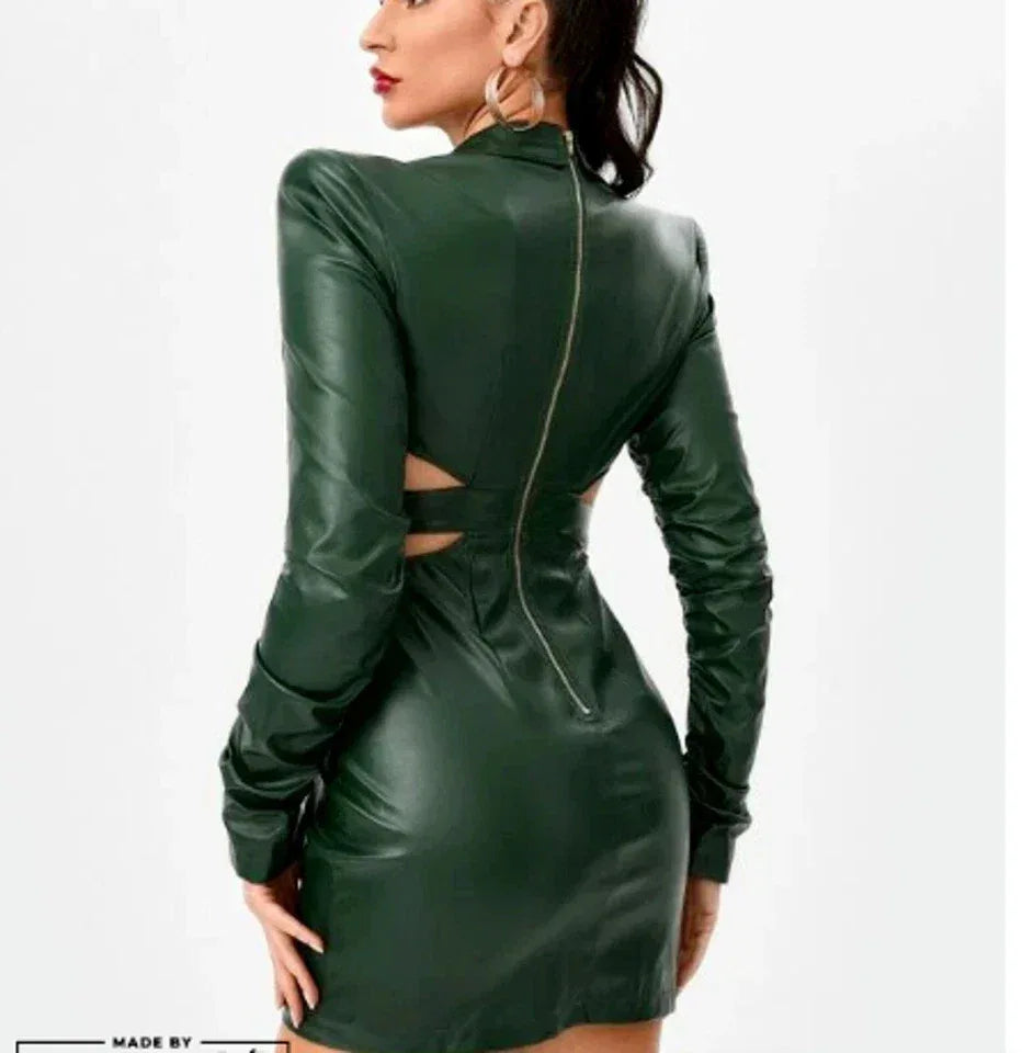 Cutout Blazer Leather Original  Dress - Handcrafted Emerald Green Premium Leather Mini Dress with Ruched Sleeves