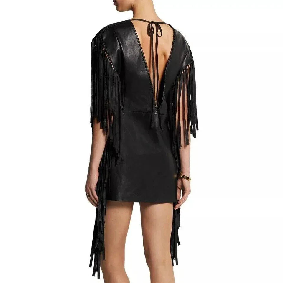Fringe Leather Dress - Handcrafted Black Leather Mini Dress with Dramatic Fringe Detail