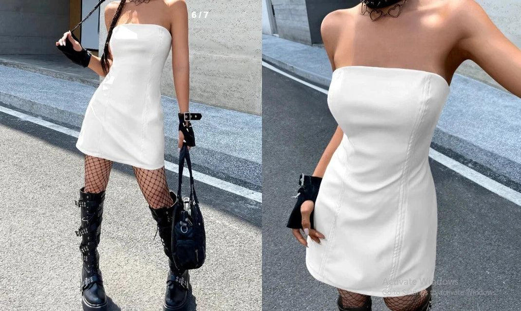 Strapless Original  Leather Dress - Handcrafted White Premium Leather Mini Dress