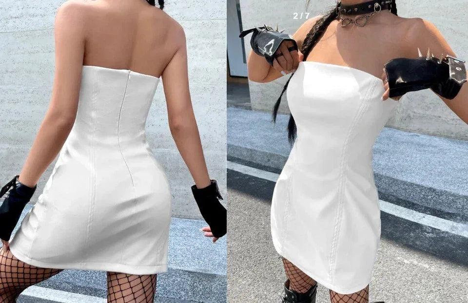Strapless Original  Leather Dress - Handcrafted White Premium Leather Mini Dress
