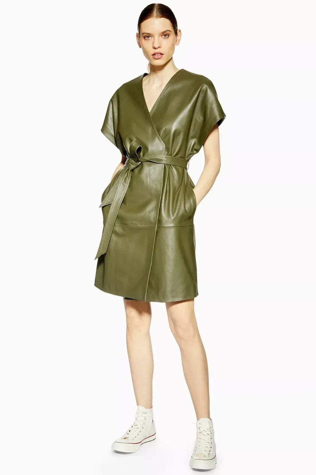 Wrap Original Leather Dress - Handcrafted Olive Green Prremium Leather Dress with Kimono Sleeves