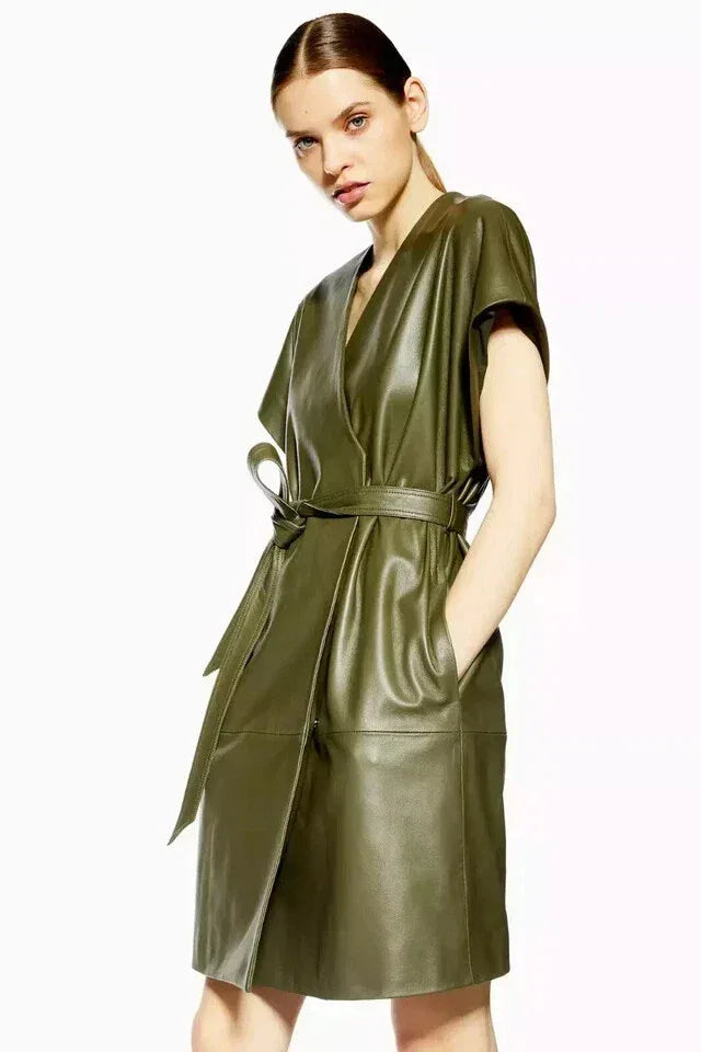 Wrap Original Leather Dress - Handcrafted Olive Green Prremium Leather Dress with Kimono Sleeves