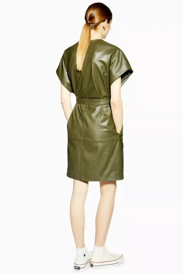 Wrap Original Leather Dress - Handcrafted Olive Green Prremium Leather Dress with Kimono Sleeves