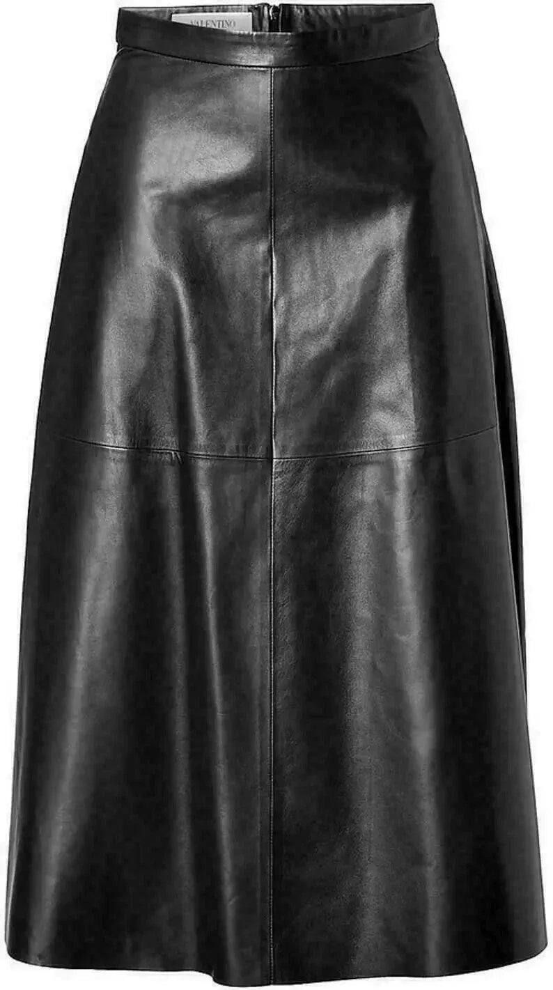 Black Original Leather Midi Skirt - A-Line Full Grain Premium Leather Skirt for Women