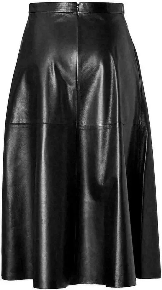Black Original Leather Midi Skirt - A-Line Full Grain Premium Leather Skirt for Women
