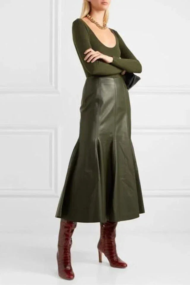 Olive Green Original Leather Maxi Skirt - Mermaid Flare Full Grain Premium Leather Skirt for Women
