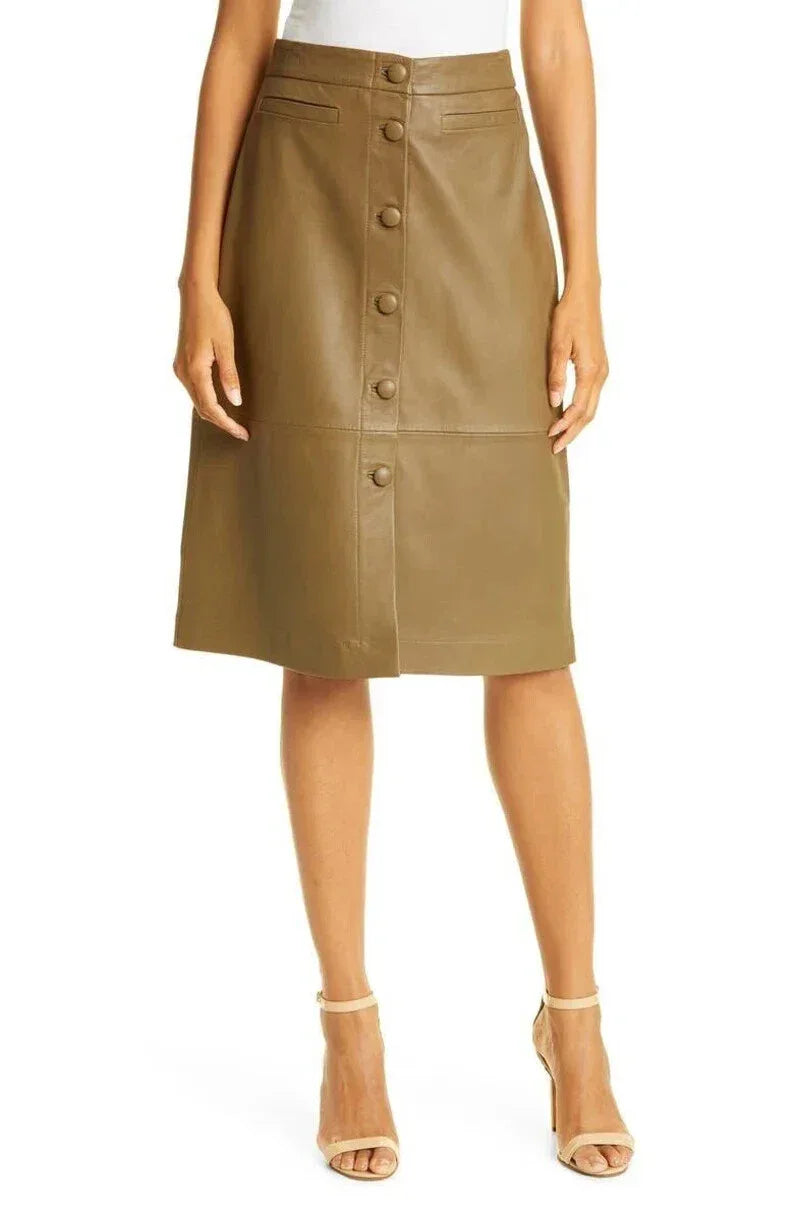 Brown Original Leather Midi Skirt - Button Front Full Grain Premium Leather Skirt for Women