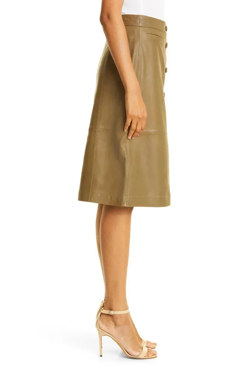 Brown Original Leather Midi Skirt - Button Front Full Grain Premium Leather Skirt for Women