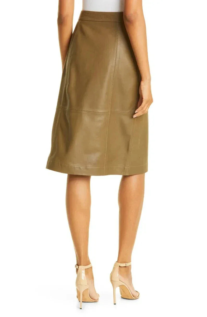 Brown Original Leather Midi Skirt - Button Front Full Grain Premium Leather Skirt for Women