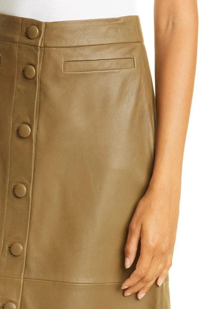 Brown Original Leather Midi Skirt - Button Front Full Grain Premium Leather Skirt for Women