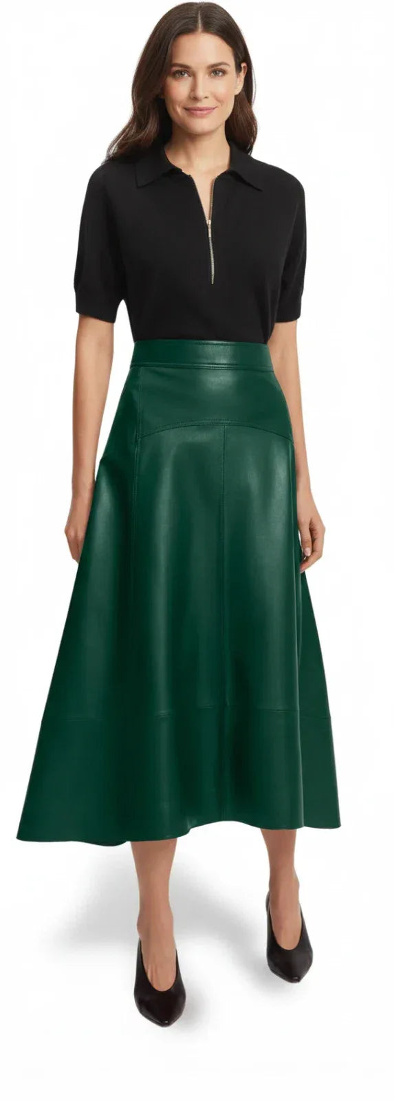Emerald Green Original Leather Midi Skirt - A-Line Full Grain Leather Skirt for Women
